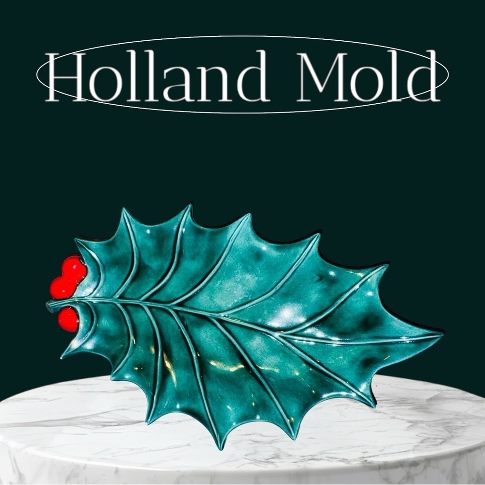 Vtg Holland Mold Christmas Tray Plate Holly & Berry Green Trinket Serving 10"